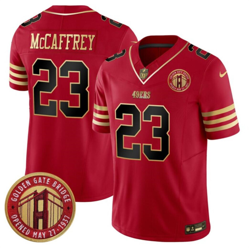 Men's San Francisco 49ers #23 Christian McCaffrey Red F.U.S.E. Golden Gate Bridge Patch Balck Scarlet Vapor Limited Stitched Football Jersey